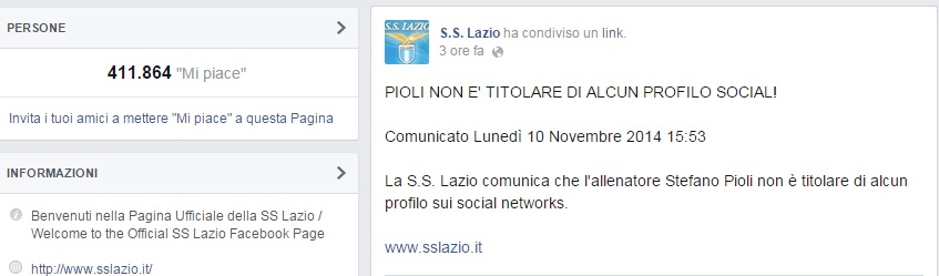 Il comunicato sul profilo ufficiale della Lazio