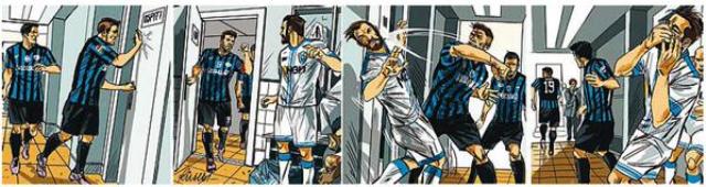 Il fumetto che ricostruisce quanto avvenuto negli spogliatoi tra Denis e Tonelli (fonte: Gazzetta dello Sport)